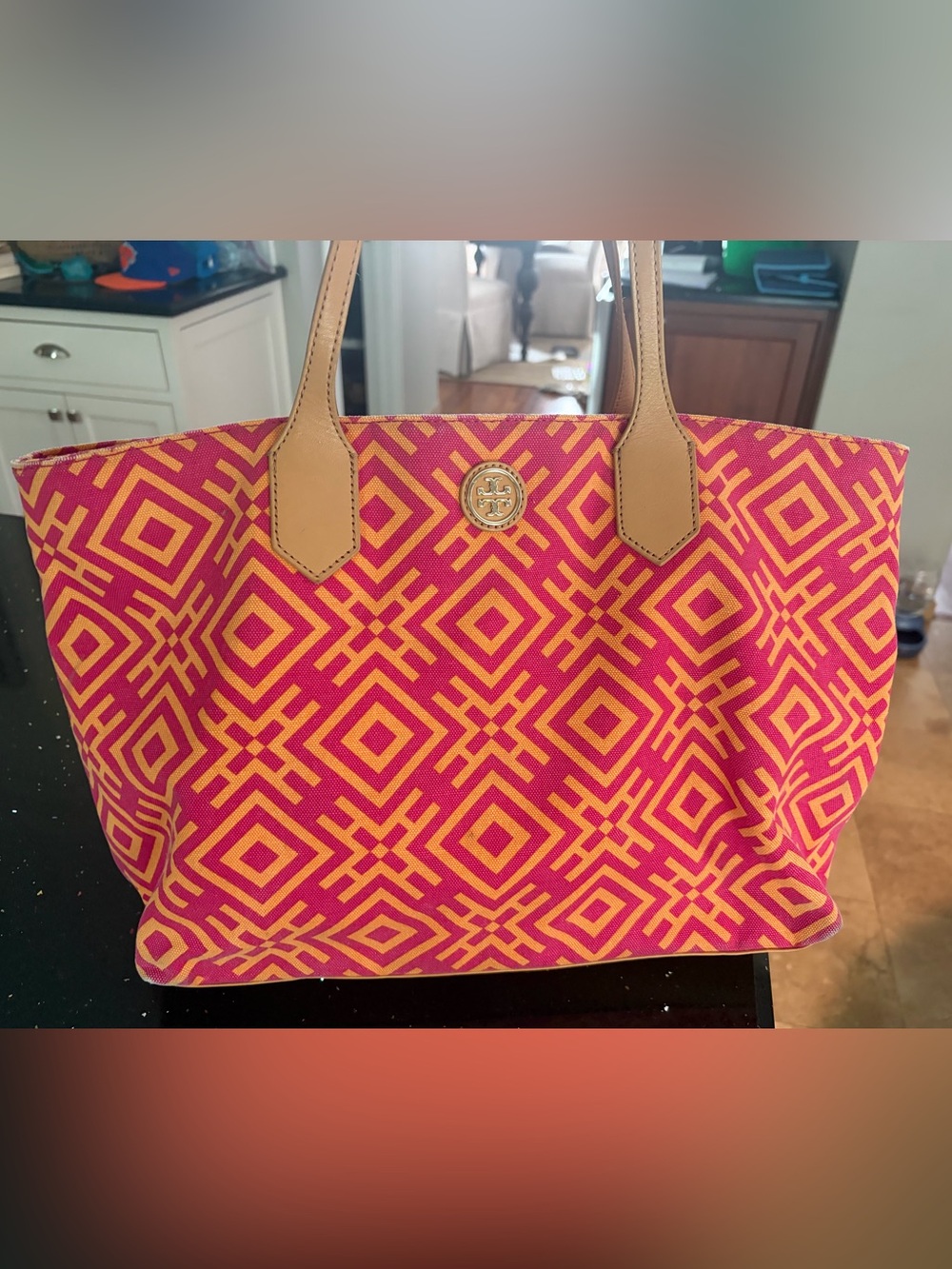 Tory Burch Pink and Orange Geometric Canvas Tote with Tan Leather Handles